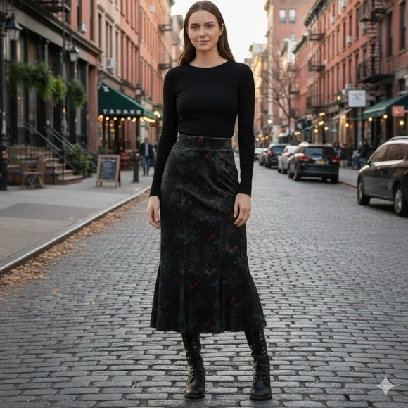 Thorn & Fable Butterfly Velvet Mermaid Skirt (M) – Green Floral Whimsigoth Goth - Picture 1 of 7